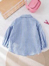 10pcs Fall & 5pcs Winter Young Girl Woven Striped Lapel Loose Casual Blouse, Blue & White